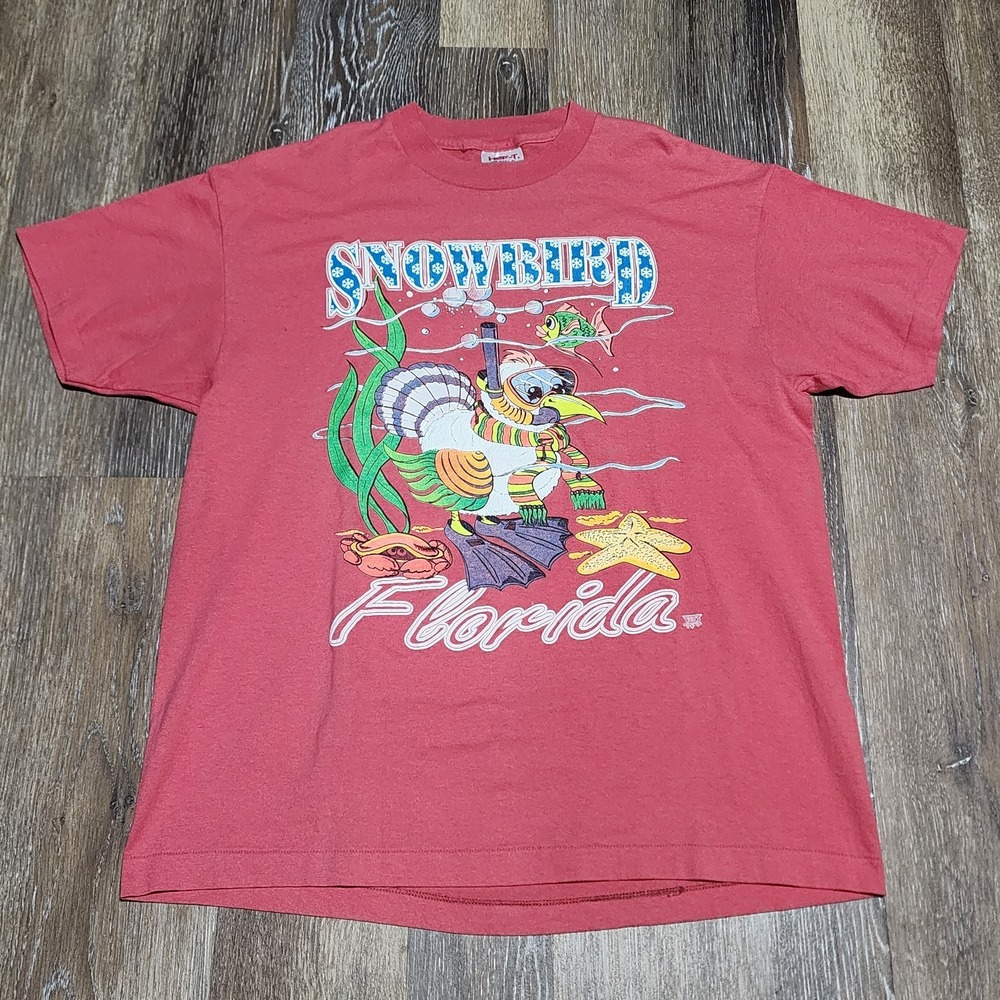 VTG 90s HEF-T Florida Snowbird Vacation Shirt Adult XL Pink Beach Single Stitch